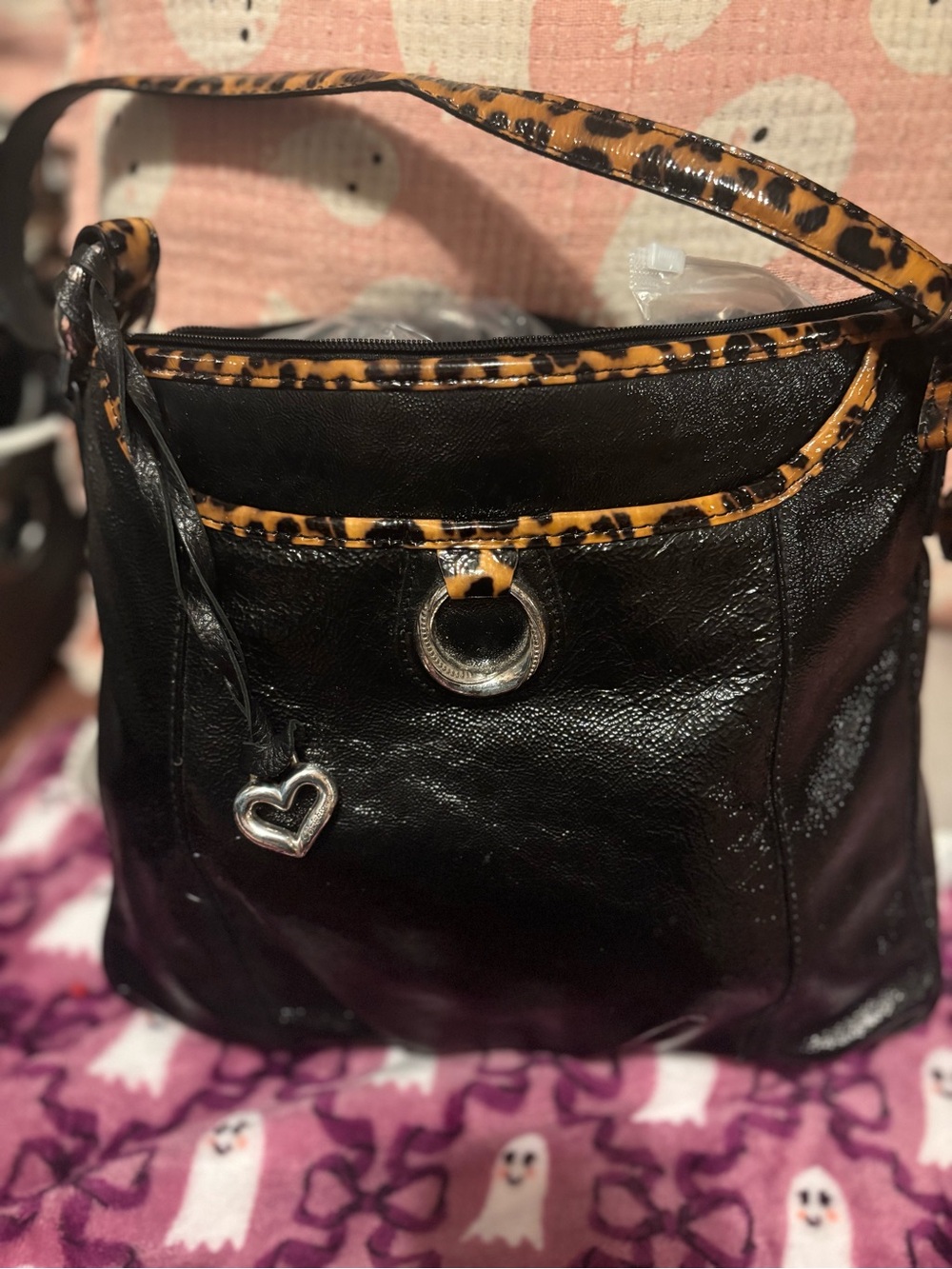 Brighton Black Shoulder Bag with Leopard Trim and Heart Charm - Picture 2 of 6